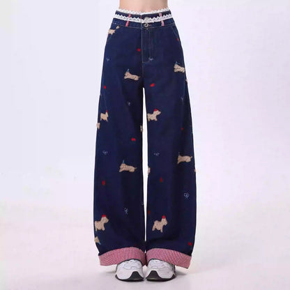 Cartoon Embroidery Wide-leg Jeans